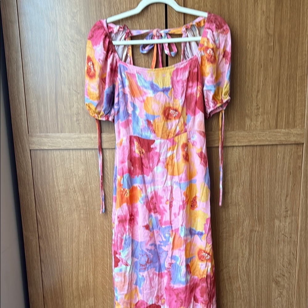 Pink and Orange Puff Sleeve Backless Sundress